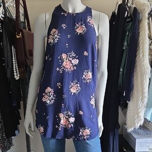NWT Twik Sleeveless Navy with Pink Floral Tunic Top w Clasp Collar & Slit Sides